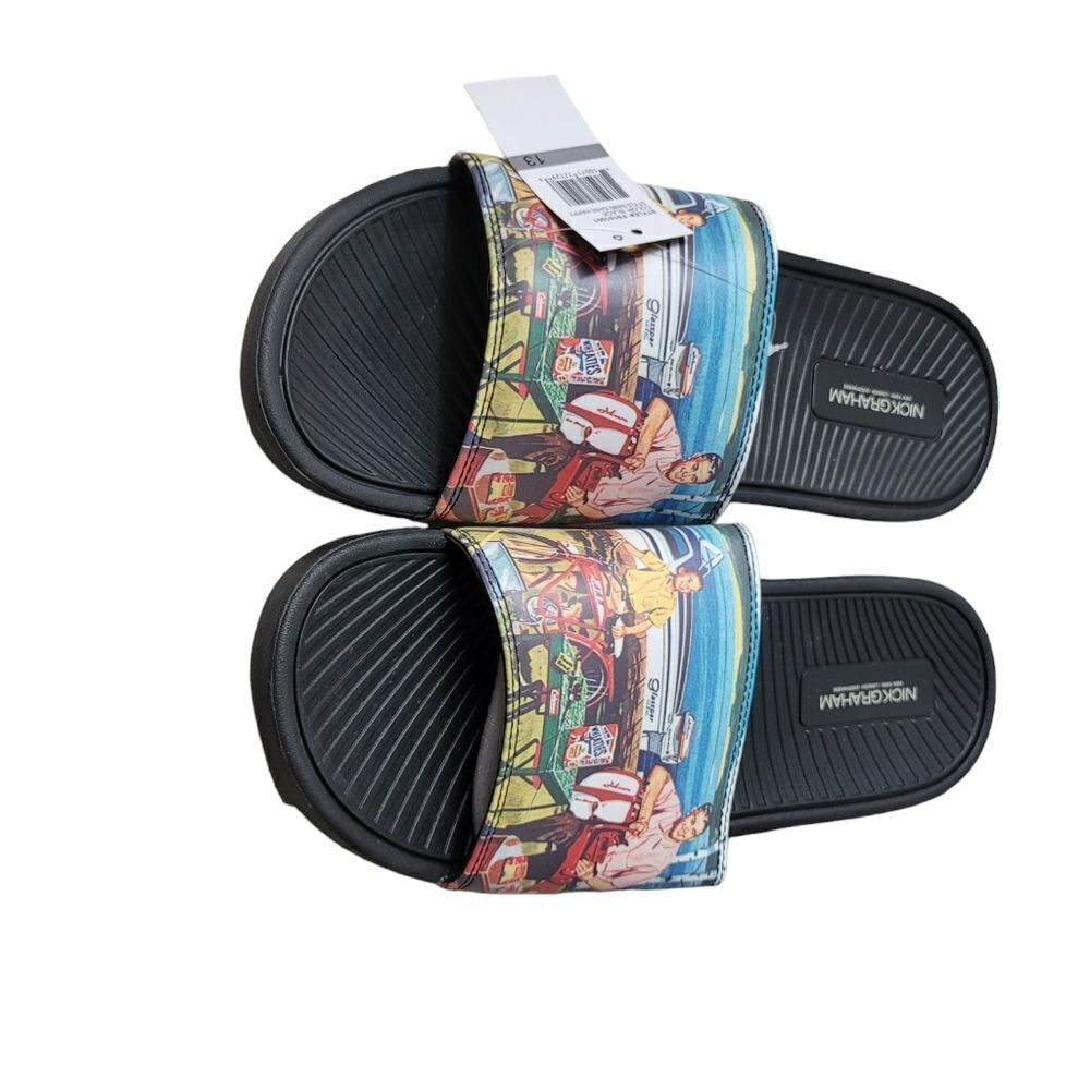 Nick Graham Dane Happy Men's Slide Sandals Size 13 Beach Print Father Day Deal